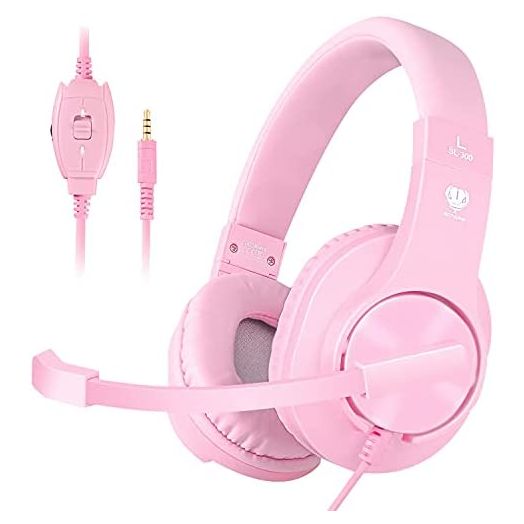 Gaming Headset for PS5,PS4,Xbox,PC, Kids Headphones with Mic for School Supplies,Pink Headphones Wired for Girls,Headset for Nintendo Switch,Pink Headset (Pink)