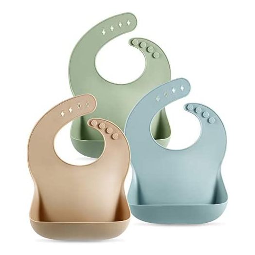 PandaEar Set of 3 Cute Silicone Baby Bibs for Babies & Toddlers (10-72 Months) Waterproof, Soft, Unisex, Non Messy (Brown/Blue/Green)