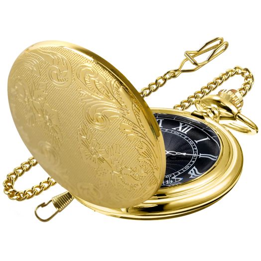 Both Sides Gold Carved Flower Quartz Pocket Watch Quartz Movement, Quartz Pocket Watches with Chain Clip for Men-Gold