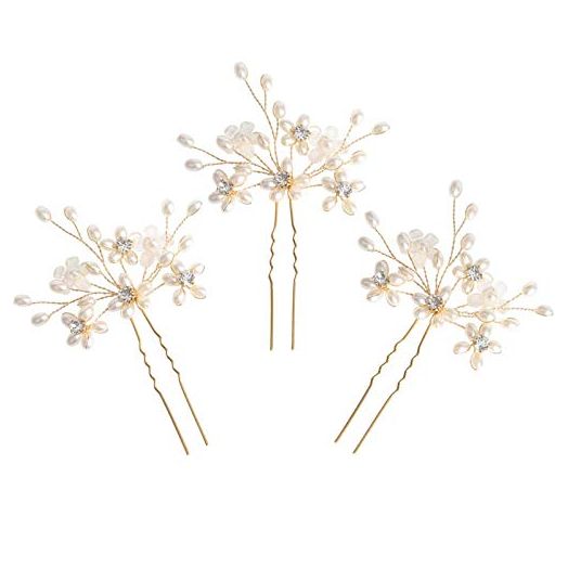 Sppry Wedding Hair Pins (3 Pcs), Elegant Pearl Floral Crystal Hair Accessories for Bridal Women (Gold)