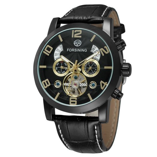 FORSINING Men's Unique Design Luxury Automatic Tourbillon Popular Style Watch with Leather Strap