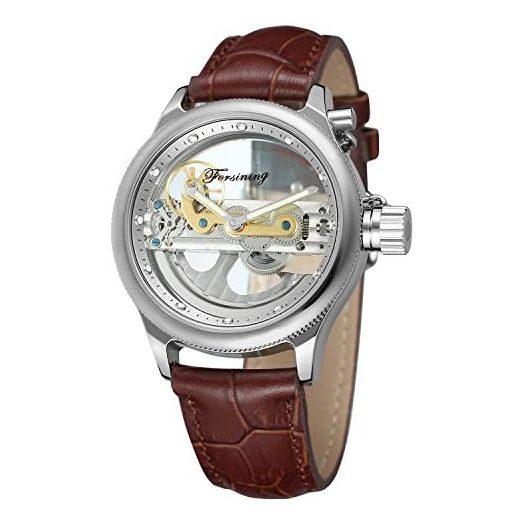 FORSINING Men's Unique Design Luxury Automatic Movt Popular Style Genuine Leather Strap Skeleton Watch