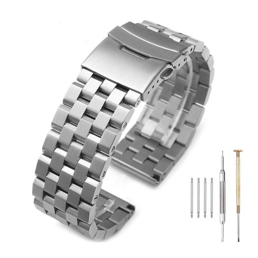 Hstrap Brushed Silver 316L Solid Stainless Steel Watch Band Bracelet Strap 20mm/22mm/24mm Double Locking Clasp for Mens Women