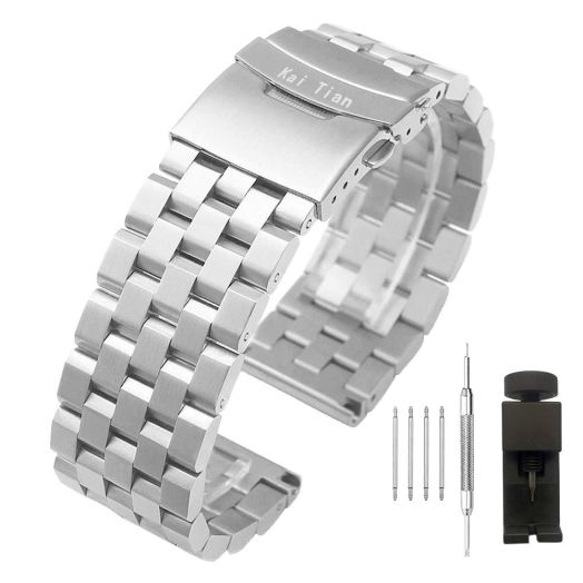 Kai Tian 26mm Brushed Stainless Steel Watch Band Strap Bracelet with Double Locks Clasp Push Button Buckle,Silver