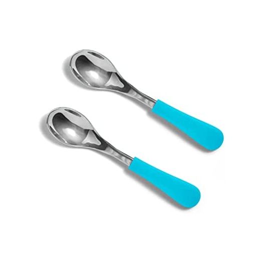 Avanchy First Stage Baby Spoons Stainless Steel, Soft Silicone Handle Baby Spoons, Training Spoon, Gift Set for Baby (Blue)