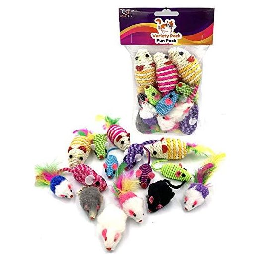 15 Variety Mice Rattle Sound, Catnip,3 Real Fur Mice, 3 Sisal Mice,3 Hypno Mice, 3 Rope Mice, 3 Fluffy Cheezers Fur Mice, Interactive Catch Play Mouse Toy for Cat, Pack of 15 Mice