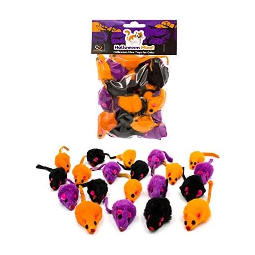20 Halloween Colorful Furry Mice Cat Toys with Catnip and Rattle Sound Made of Real Rabbit Fur, Interactive Catch Play Teaser Mouse Toy for Cats and Kittens. Pack of 20 Mice