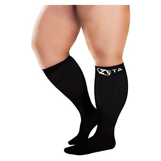 Zeta Socks XXXL Wide Plus Size Calf Compression, Soothing Comfy Gradient Support, Prevents Swelling, Pain, Edema, DVT, Large Cuffs, Unisex, for Flights (Black, XXXL)