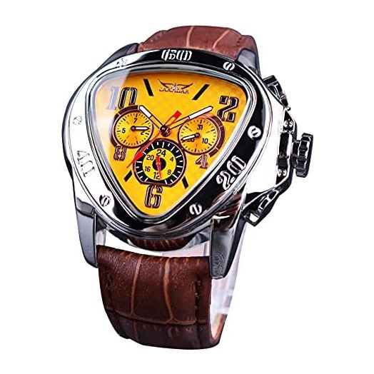 Jaragar Automatic Mechanical Wrist Watch Golden for Mens Watches with Leather Band Sport Mechanical Watches Triangle Bezel Design Fashion Yellow Dial