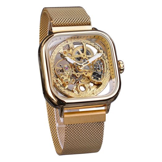 FORSINING Fashion Automatic Mechanical Wrist Watch Golden for Mens Waterproof Watches with Stainless Steel Skeleton Transparent Dial with Royal Flower Movement Carving