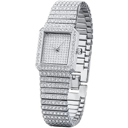 Luxury Ladies Watch Iced Out Watch with Quartz Movement, Crystal Rhinestone Diamond Watch for Women Female, Stainless Steel Silver Wrist Watch Full Diamonds