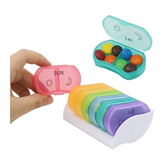 HRX Package Little Daily Pill Box Case AM PM for 7 Day, Small Pocket Purse Pills Holder, Cute Drug Organizer Container 2 Times a Day