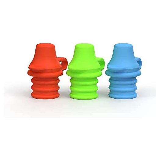 KiddiKap- No Spill Silicone Bottle Top Spout 3 Pack Bundle (Red, Blue, Green) BPA Free