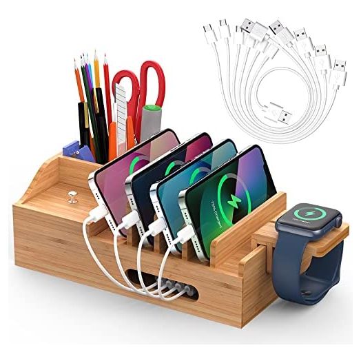 Pezin & Hulin Bamboo Charging Station for Multiple Devices, Office Desktop Organizer for Phones, Tablet, Wooden Docking Stations (Include 6 x Charger Cables), Storage Holder Stand for Pen, Key, Remote