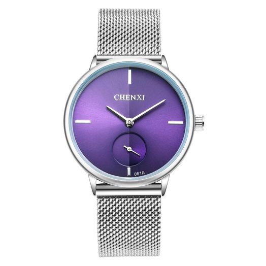 MASTOP Women's Silver Stainless Steel Woven Mesh Strap Wrist Watch Simple Design Analog Display Quartz Watch (Purple)