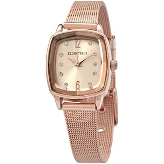 Ellen Tracy Womens Rose Gold Tone Mesh Band Watch Stainless Steel