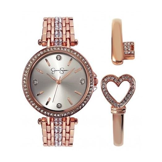 Jessica Simpson Womens Watches with Crystal Diamonds, Analog Quartz Dress Wrist Watch for Women with a Heart Bangle Bracelet - Unique Gifts for Her (Rose Gold)