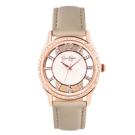 Jessica Simpson Womens Watches with Leather Strap, Mother of Pearl Dial and Crystal Diamonds, Analog Quartz Dress Wrist Watch for Women (Rose Gold)