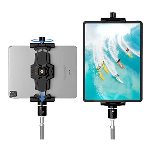 iPad and Phone Tripod Mount Adapter with Ball Head, iPad Holder for Tripod, 360 Rotatable Tablet Clamp Mount fits iPad Pro 12.9, iPad Air Mini 3 4, Galaxy Tab, Surface Pro 8, Selfie Stick(5.3-10.6’’)