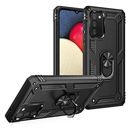 Military Grade Drop Impact for Samsung Galaxy A02S Case 360 Metal Rotating Ring Kickstand Holder Armor Heavy Duty Shockproof Case for Galaxy A02S Phone Case (Black)
