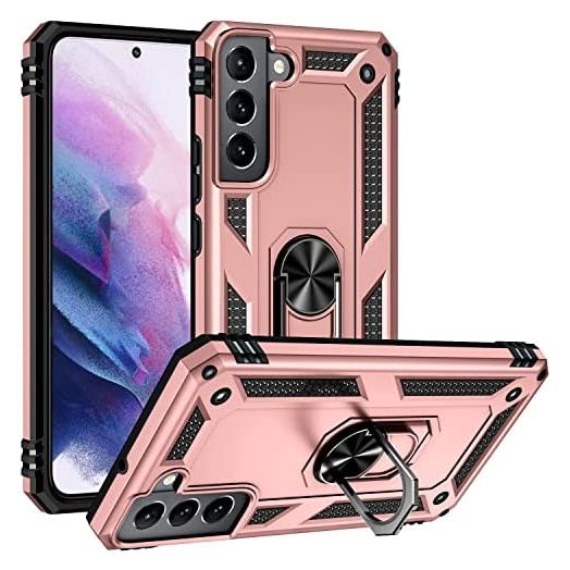 Military Grade Drop Impact for Samsung Galaxy S22 Plus Case Galaxy S22+ Plus 5G Case 360 Metal Rotating Ring Kickstand Holder Armor Heavy Duty Shockproof Case for Galaxy S22+ Phone Case (Rose Gold)