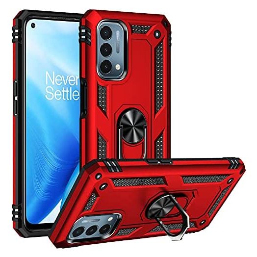 Military Grade Drop Impact for Oneplus Nord N200 5G Case Oneplus Nord N200 5G Case 360 Metal Rotating Ring Kickstand Holder Armor Heavy Duty Shockproof Case for Oneplus Nord N200 5G Phone Case (Red)
