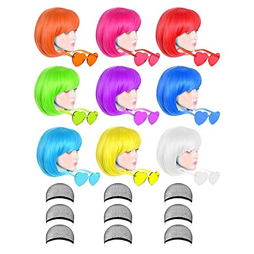 Colored Wigs, Funky Colorful Wigs, Short Bob Hair Wigs, Neon Party Wigs (9 Pack)