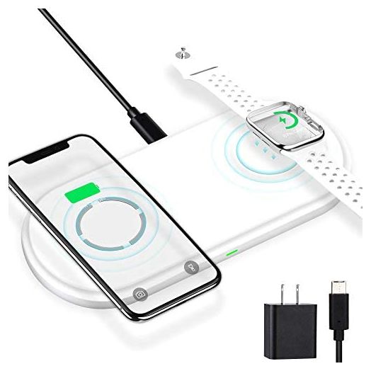 MFi Certified 2-in-1 Wireless-Charger-for-Watch-iPhone Airpods 10W Fast Qi Wireless-Charging-Mat iWatch Charger Pad Station for iPhone 13/13 Pro/12/12 Pro/11/X/8 Adapter Included