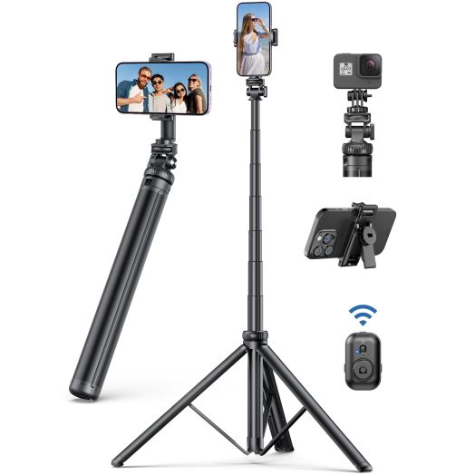 75" Phone Tripod, Selfie Stick Tripod with Remote and Phone Holder, Extendable Tripod for iPhone, Aluminum Cell Phone Tripod Stand 360° Rotation Travel Tripod Compatible with iPhone Android, GoPro