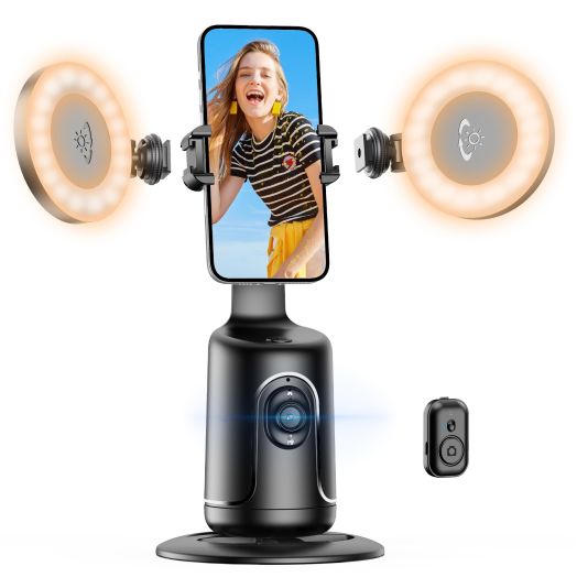 Auto Face Tracking Tripod with 2 Selfie Ring Light, 360° Rotation Face Body Phone Holder Smart Shooting Camera Mount with Remote, Rechargeable Smart Shooting Holder for Vlog, Streaming, Video, Tiktok