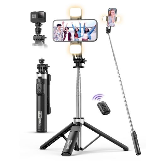53'' Selfie Stick Tripod with Light, Extendable Selfie Stick with Remote, Portable Cell Phone Tripod Stand with All in 1 Phone Clip, Lightweight Camera Tripod Compatible with iPhone 15 14 13, Android