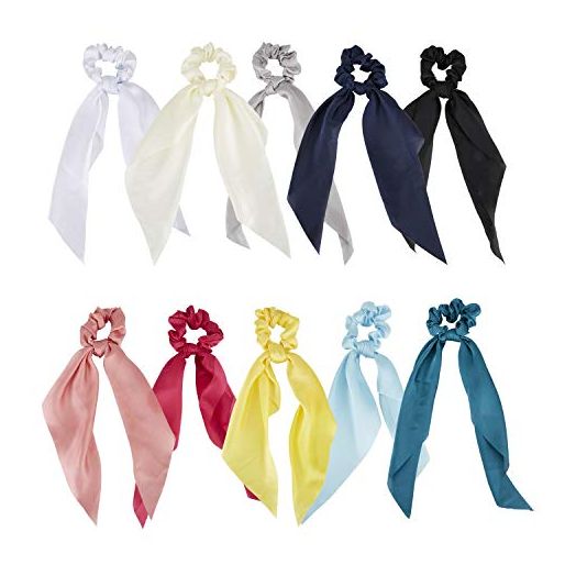 Lawie Solid Satin Long Ribbon Knotted Hair Bows Scrunchies Hair Ties (10 Pack)