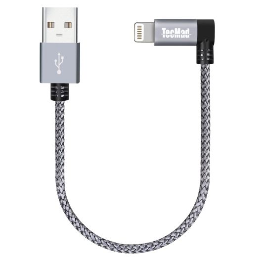 TecMad 0.65ft Short iPhone Charger Cord [C89 MFi Certified] 90 Degree Ligthning Cable, Nylon Braided for iPhone 14/14 Pro, AirPods Pro, iPhone 13/13 Pro/12, iPad Pro and More (Grey)