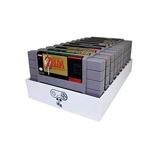 White, SNES Compatible Cartridge Holder, Holds 10 Games, Clutter Reducing, Retro Video Game Collection, Works with Super Nintendo Entertainment System NTSC and PAL Cartridges