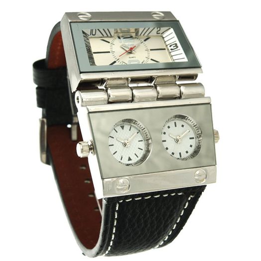 9525 Mens Watch Analog Black Leather Strap 3 Sub-dials