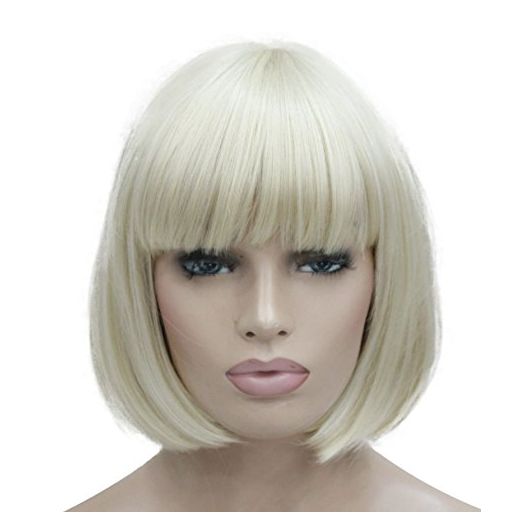 Lydell 8" Straight Short Bob Hair Flat Bangs Cute Central Dot Skin Top Heat Resistant Synthetic Wigs (614 Pale Blonde)