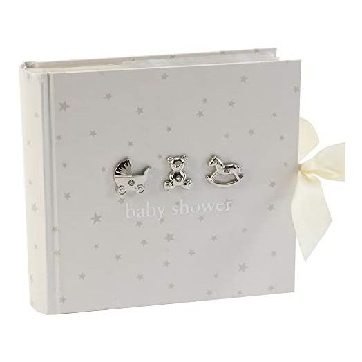 Happy Homewares Neutral Colored Baby Shower Photo Album with 3D Silver Icons