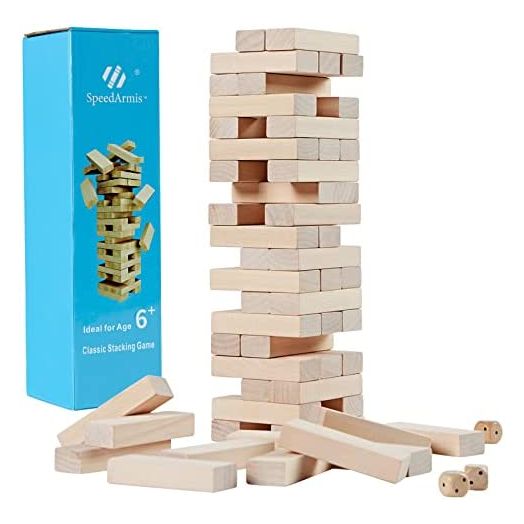 SpeedArmis Mini Tumble Tower, 54PCS Wooden Stacking Game for Kids Teens, Pine Stack Timber Board Game with 4 Dice Set