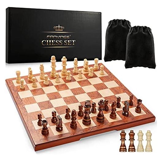 Chess Set 15" Wooden Board Game, Wood Sets with 2 Storage Bags and 2 Extra Queens