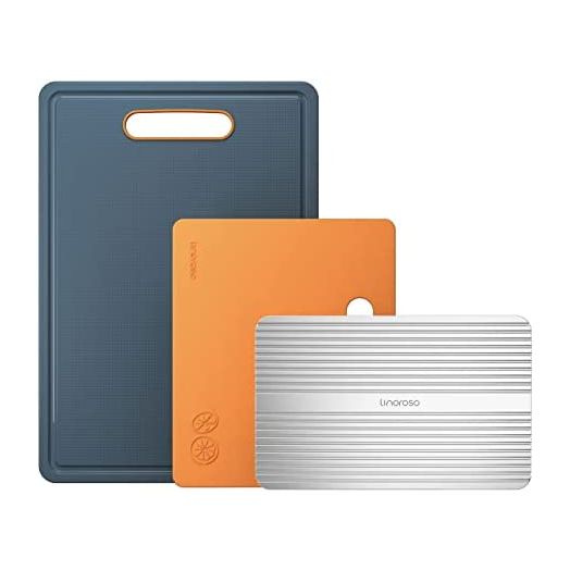 Linoroso Cutting Boards for Kitchen with Defrosting Tray Set of 3, Dishwasher Safe Plastic Cutting Board with Deep Juice Grooves, Non-Slip Durable Chopping Boards for Meat, Veggies, Fruits-Lava Orange