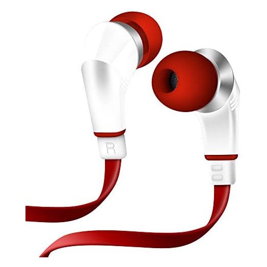 NoiseHush NX80 Earphones Premium Bass Stereo Headphones In-Ear with Tangle Free Cable Inline Microphone Earbuds - White/Red