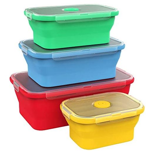 Vremi Silicone Food Storage Containers with BPA Free Airtight Plastic Lids - Set of 4 Small and Large Collapsible Meal Prep Container for Kitchen Lunch Boxes - Microwave and Freezer Safe