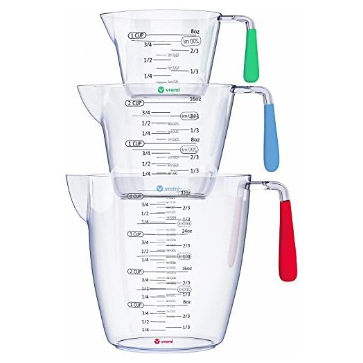 Vremi 3 Piece Plastic Measuring Cups Set - BPA Free Liquid Nesting Stackable Measuring Cups with Spout and Decorative Red Blue and Green Handles - includes 1, 2 and 4 Cup with Ml and Oz Measurement