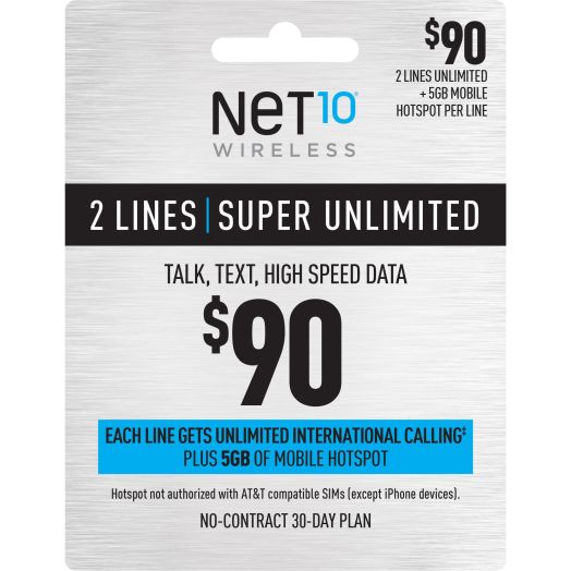 Net10 $90 Super Unlimited Family & Friends 30-Day Plan for 2 Lines w/ $20 Int'l Calling Credit + 5GB of Mobile Hotspot e-PIN Top Up (Email Delivery)