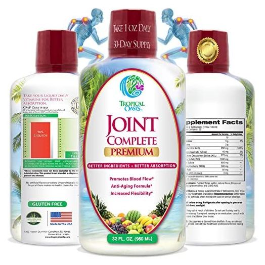 Tropical Oasis Joint Complete Premium - Liquid Joint Supplement with Liquid Glucosamine Sulfate, Chondroitin, MSM & Hyaluronic Acid - 96% Max Absorption– 32oz, 32 serv, 33484