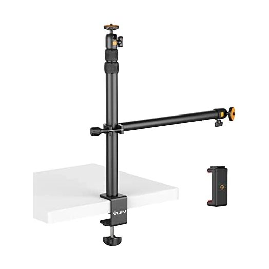 JUSMO Camera Desk Mount with Auxiliary Holding Arm, Overhead Camera Mount with 360° Ballhead and Phone Grip, Table C-Clamp Multi Mount Stand for DSLR, Phone, Light, Webcam and More (LS02)