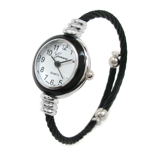 New Geneva Black Silver Cable Band Women's Small Size Bangle Watch