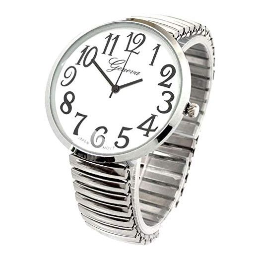 Blekon Collections Silver Super Large White Face Case Size 43mm EXTRA LARGE Stretch Band Japanese Movement PC21J Fashion Watch