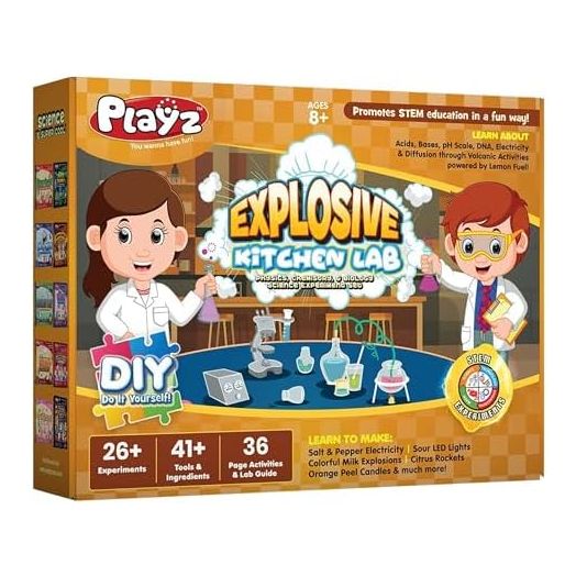 Playz Explosive Kitchen Lab Educational Science Kit for Kids Age 8-12 with 26 Science Experiments to Make Citrus Rockets, Sour LED Lights & More - Chemistry Set Toys for Boys, Girls, Teenagers & Kids