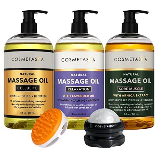 Cellulite, Sore Muscle & Lavender Relaxation Massage Oils with Roller Massage Ball and Massager Mitt- Perfect Spa Treatment Gift Set